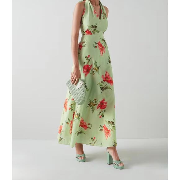 L.K. Bennett Dresses & Skirts - LK Bennett Kristen Pistachio Poppy Print
Cotton-Silk Backless Dress Size 2